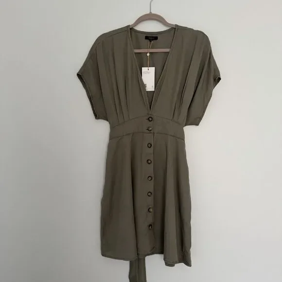 Quince Olive Green Tencel Button Front Dress Tie Waist V-Neck Short Sleeve M - Picture 1 of 7